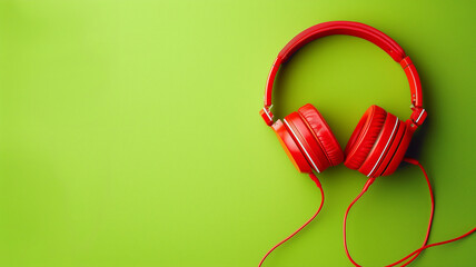 Red headphones on green background