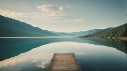 a dock is on the calm water of a lake, with mountains behind