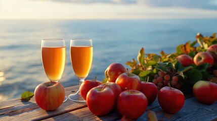 Fresh apple juice in the glass and apples. Generative AI