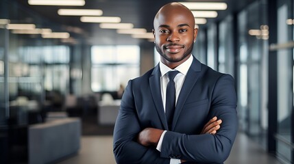 African American businessman wearing a formal suit and tie standing with arms crossed, AI-generated.