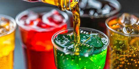 A closeup of colorful soft drinks being poured into plastic glasses, with ice cubes and cola pouring into glass