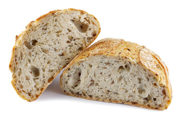 A loaf of bread cut in half with seeds isolated on a white background. Art bread.