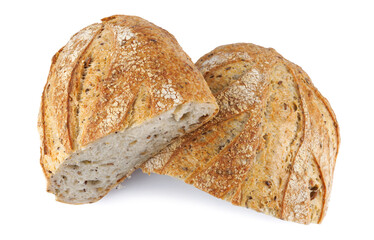 A loaf of bread cut in half with seeds isolated on a white background. Art bread.
