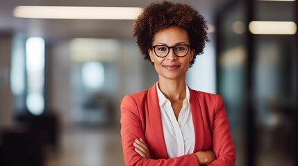 AI generated illustration of a female professional in glasses standing in a workplace setting - obrazy, fototapety, plakaty
