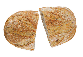 A loaf of bread cut in half with seeds isolated on a white background. Art bread.