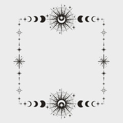 Magic celestial square frame with sun, stars, moon, crescents and copy space. Mystic frame for tarot, esoteric, astrology design. Black color