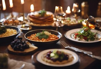 plates with food sitting on a table, and a lit candle in the background - obrazy, fototapety, plakaty