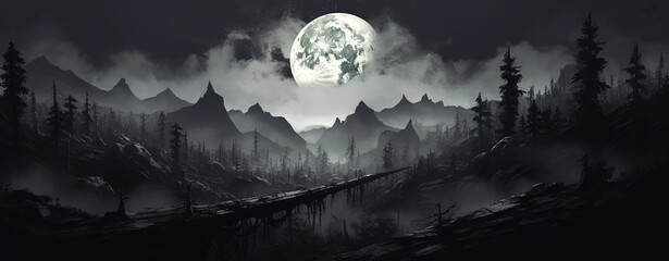 Apocalyptic double exposure moon and forest landscape.