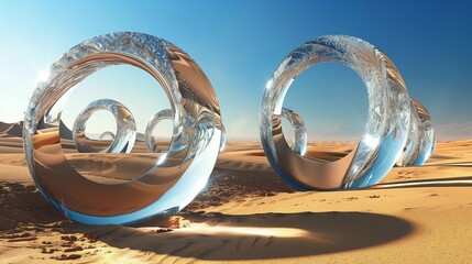 AI generated illustration of round glass sculptures displayed on a sandy desert terrain - obrazy, fototapety, plakaty
