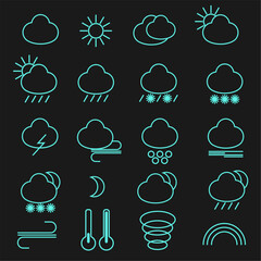 Blue weather forecast icons set, with a black background. Outline set of weather forecast vector icons for web design