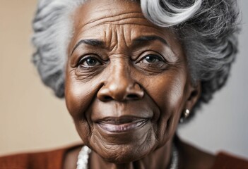 Portrait of an elderly African American woman with white hair and a warm smile, AI-generated.