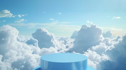 3d blue podium floating in the sky surrounded by clouds, background for product presentation motion graphics ,8k, realistic