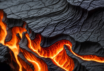 AI-generated illustration of lava flowing through basalt rock - obrazy, fototapety, plakaty