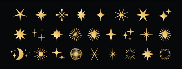 Vector set of minimalist design elements, futuristic shapes and geometric figures and stars - abstract background elements for branding, packaging, prints and social media posts.