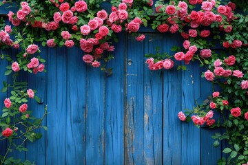 Fototapeta na wymiar Climbing Roses on a Blue Wooden Gate. Perfect for Garden Design and Landscaping Ideas