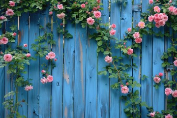 Fototapeta na wymiar Climbing Roses on Blue Wooden Gate. Pink Flower Decorates Garden Wall