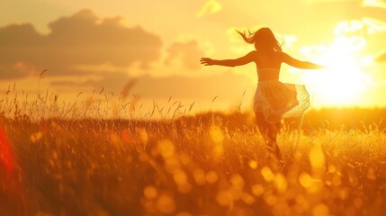 Free girl runs happily through meadow in grass in rays of sunset. Concept of female dreams, success, travel, flight.