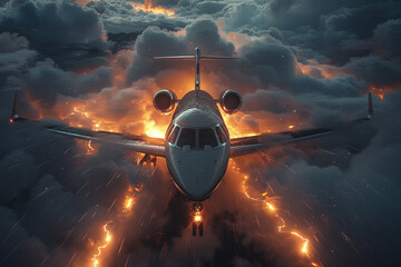 Aircraft flying through cloudy sunset sky, made by aerospace manufacturer
