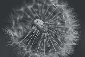 Grayscale macro shot of dandelion seeds before the gray background