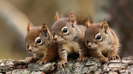 Obraz premium Cute Baby Squirrels Sitting in Nature, Looking for Their Furry Mother with Adorable Paws in the Wild