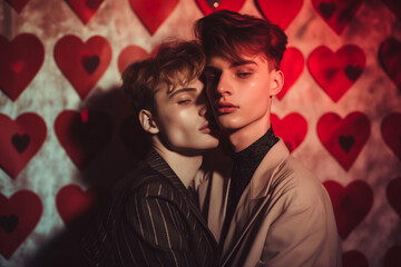 Happy Valentine's Day, Cute homosexual couple, gay, lgbt, respect and diversity without prejudice, young happy couple, Pride Day, LGBTQ love, partner boyfriends