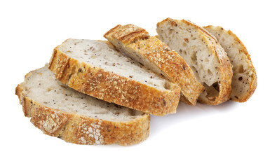 Loaf of bread cut into pieces isolated on a white background. pieces of bread. Art bread.