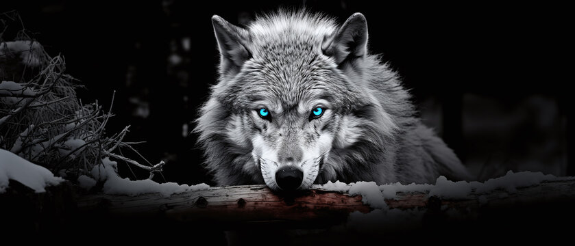 Black and white photo of a wolf with blue eyes in a forest.