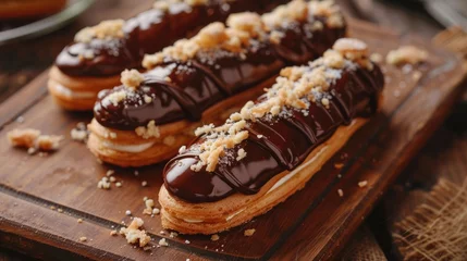 Fotobehang Delicious Eclairs on Wooden Table. Close Up of Baked Brown Cake with Chocolate Cream Confection. Perfect for Cooking Inspiration © Serhii