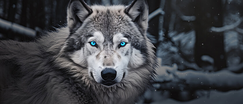 Black and white photo of a wolf with blue eyes in a forest.