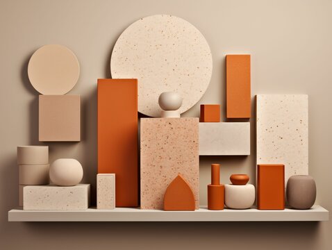 AI generated illustration of a shelf with various orange beige geometric shapes