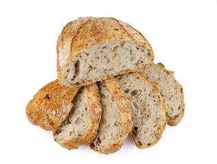 Loaf of bread cut into pieces isolated on a white background. pieces of bread. Art bread.