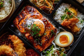 Delicious Japanese Bento Set with Teriyaki Salmon and Tempura, including Crispy Chicken and Egg on Asian Bento Box