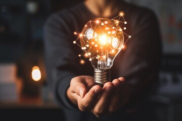 AI generated illustration of hands holding a floating illuminated light bulb