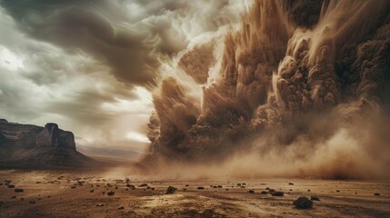 Dirt Storm After Detonator Blast: Chaos and Movement in the Desert with Dolomite and Limestone Particles - obrazy, fototapety, plakaty