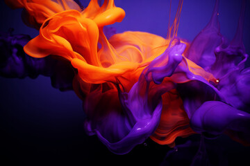 AI Generated Image. Abstract violet and orange fluffy ink smoke cloud