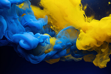 AI Generated Image. Abstract yellow and blue fluffy ink smoke cloud in a water - 780450788