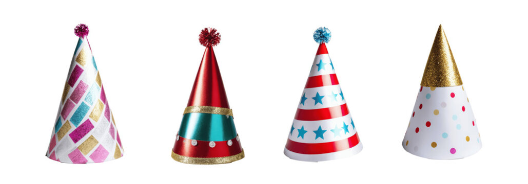 set of colorful birthday hats with patterns isolated on transparent background