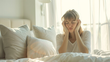 AI Generated Image. Frustrated woman with autism sitting on a bed at the morning and covering ears with pillow - 780450954