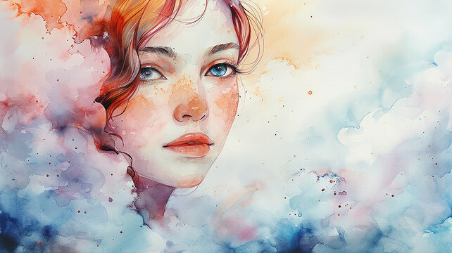 A girl's face with a thoughtful look in close-up, in a watercolor-style background postcard
