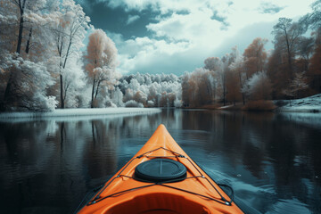 AI Generated Image. Infrared shot of the kayak floating on the pond in the great nature landscape - obrazy, fototapety, plakaty