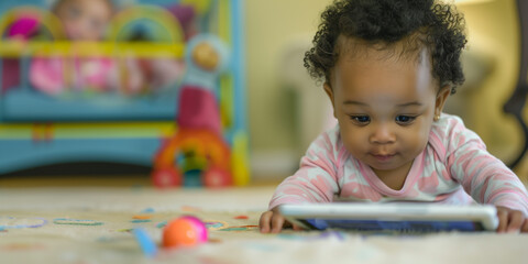 Fototapeta na wymiar Baby’s First Swipe: baby in living room plays with tablet