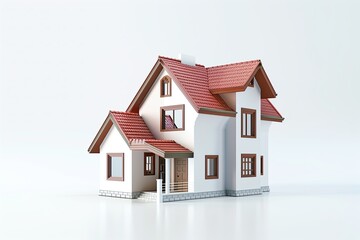 A redroofed house model on a white background, featuring windows and doors