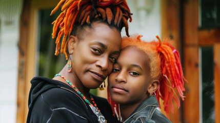 AI Generated Image. Portrait of mature ethnic mother together with her teen daughter with dyed orange dreadlocks in front of home - 780451176
