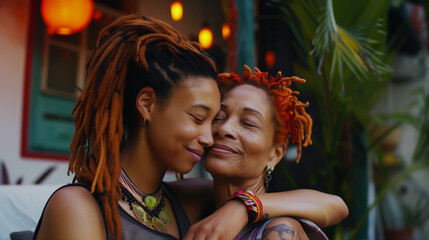 AI Generated Image. Portrait of mature ethnic mother hugging young adult daughter with dyed orange dreadlocks in front of home - 780451195