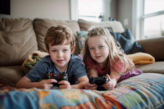 Two siblings, a boy and a girl, are lying on a sofa, fully immersed in their gaming experience. They’re huddled around a game console, eyes fixed on the screen, fingers deftly manipulating controller