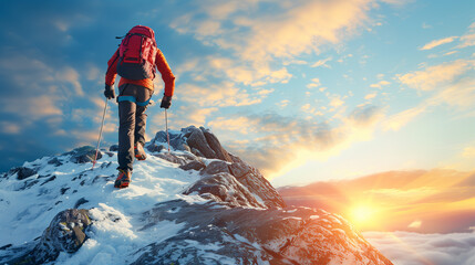 Alpinist climbing a high snowy mountain peak at sunrise.