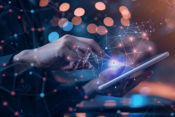 Fototapeta na wymiar A person interacting with a tablet, surrounded by a dynamic network of glowing, interconnected nodes and lines against a dark background illuminated by soft bokeh lights