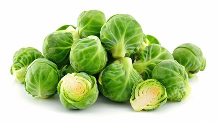 Fresh Raw Brussels Sprouts, Isolated on White Background. A Healthy and Nutritious Vegetable - Cole, Cabbage and Kale