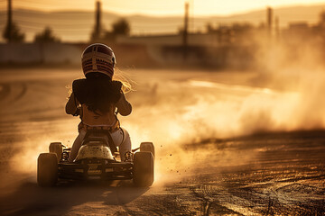 girl kart driving on a dusty racing track - obrazy, fototapety, plakaty