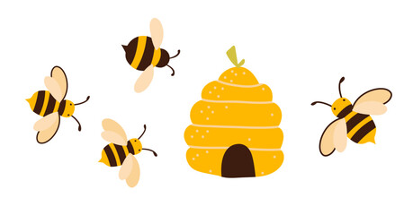 Colorful cute vector cartoon illustration set with bees